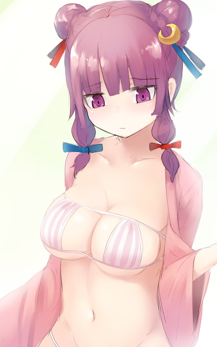 1girl bangs bikini blunt_bangs breasts collarbone crescent crescent_hair_ornament double_bun eyebrows eyebrows_visible_through_hair groin hair_ornament highres navel patchouli_knowledge purple_hair simple_background solo striped striped_bikini swimsuit touhou twilightrain violet_eyes wide_sleeves