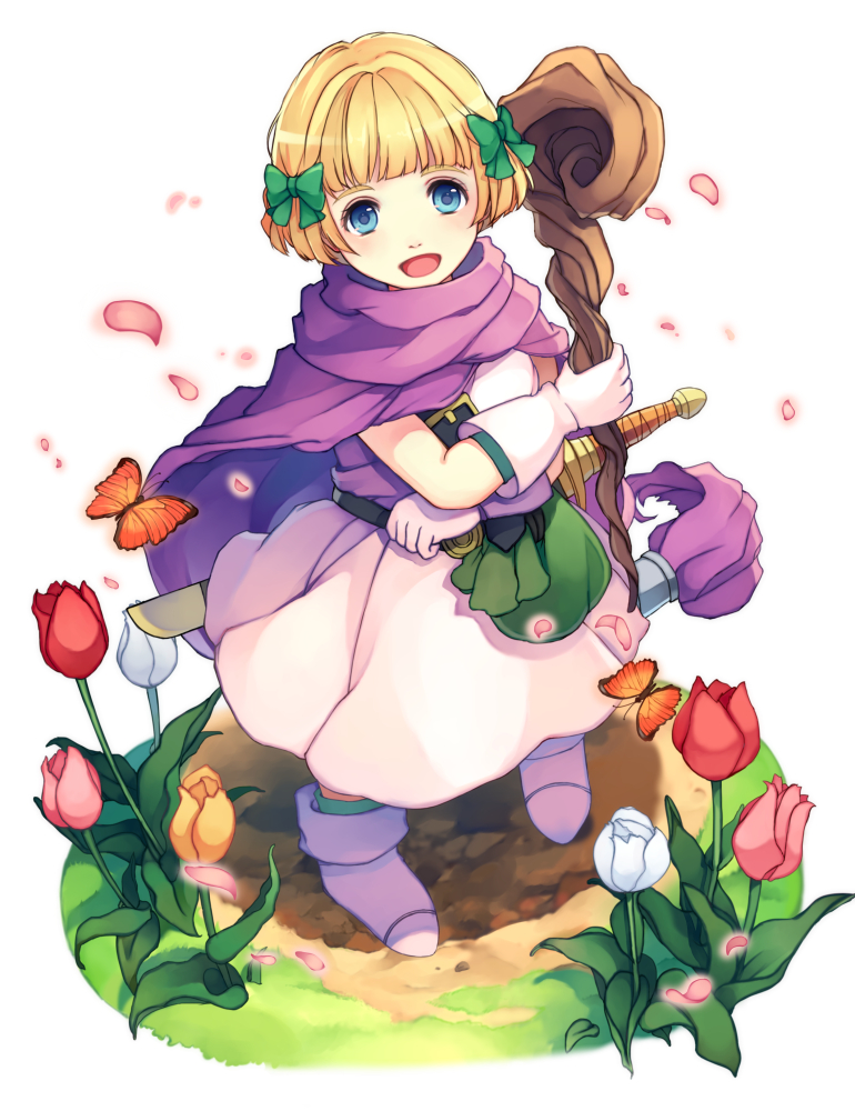 1girl :d bianca's_daughter blonde_hair blue_eyes bow butterfly cape dragon_quest dragon_quest_v flower gloves hair_bow hiyunagi long_hair open_mouth petals short_hair smile solo staff sword weapon white_gloves