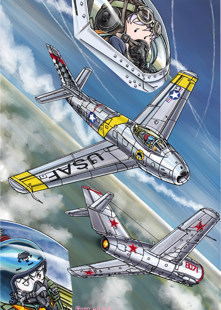 2girls aerial_battle airplane battle clouds commentary_request condensation_trail dogfight enemy_aircraft_(kantai_collection) f-86_sabre fairy_(kantai_collection) goggles kantai_collection mig-15 military military_vehicle multiple_girls oxygen_mask risetto_botan_renda star us_air_force vehicle