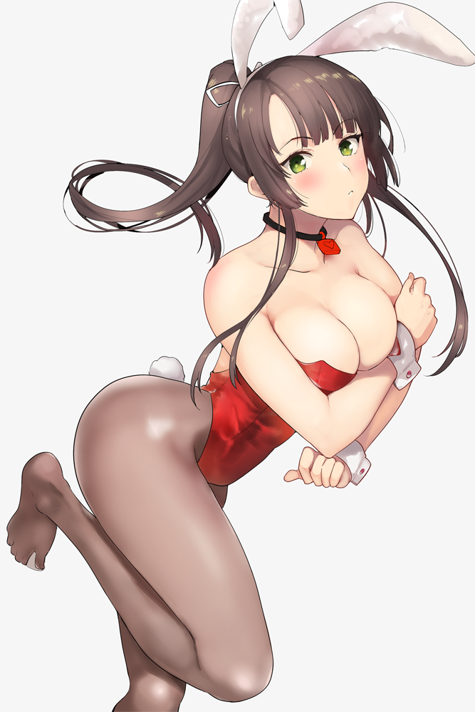 1girl animal_ears blush breast_hold breasts brown_hair brown_legwear bunny_girl bunny_tail bunnysuit choker crossed_arms fake_animal_ears feet floating_hair from_side green_eyes grey_background hair_ribbon hairband hareno_chiame kirasaka_sayaka large_breasts leg_lift leg_up leotard long_hair looking_at_viewer no_shoes pantyhose parted_lips rabbit_ears ribbon see-through sidelocks simple_background solo standing_on_one_leg strike_the_blood tail white_background wrist_cuffs