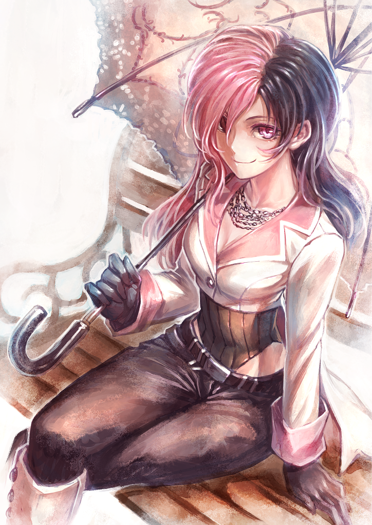 1girl boots breasts brown_eyes brown_hair cleavage hair_over_one_eye heterochromia jewelry lain long_hair multicolored_hair necklace neo_(rwby) pink_eyes pink_hair rwby smile solo two-tone_hair umbrella