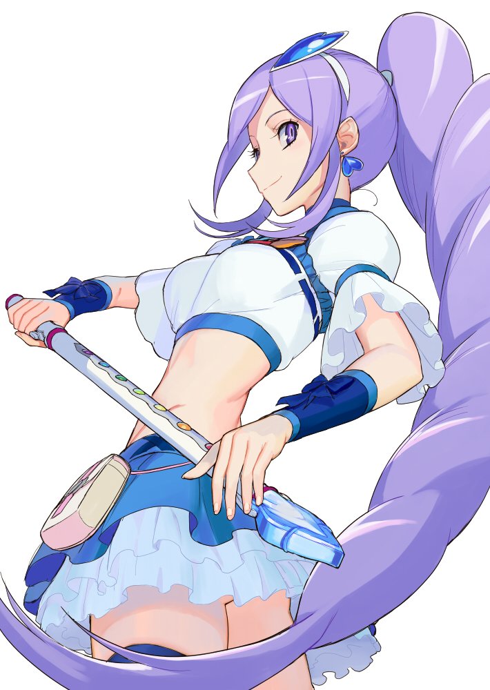 1girl aono_miki blue_skirt bow breasts choker closed_mouth cowboy_shot crop_top cure_berry earrings eyelashes fresh_precure! frilled_skirt frills hair_ornament hairband heart heart_earrings heart_hair_ornament jewelry long_hair magical_girl midriff ponytail precure puffy_sleeves purple_hair sidelocks simple_background skirt smile solo standing thigh-highs violet_eyes washi_no_tosaka white_background zettai_ryouiki