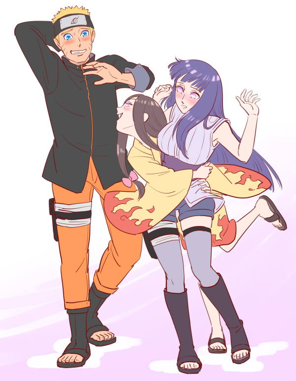 1boy 2girls :d black_hair blonde_hair blue_eyes blue_hair blush breasts embarrassed forehead_protector hair_ribbon hand_behind_head headband hug hug_from_behind hyuuga_hanabi hyuuga_hinata japanese_clothes konohagakure_symbol large_breasts lavender_eyes leg_up long_hair multiple_girls naruto naruto:_the_last open_mouth open_toe_shoes ribbon risuo sandals shoes shorts siblings sisters smile thigh-highs thigh_strap tress_ribbon uzumaki_naruto