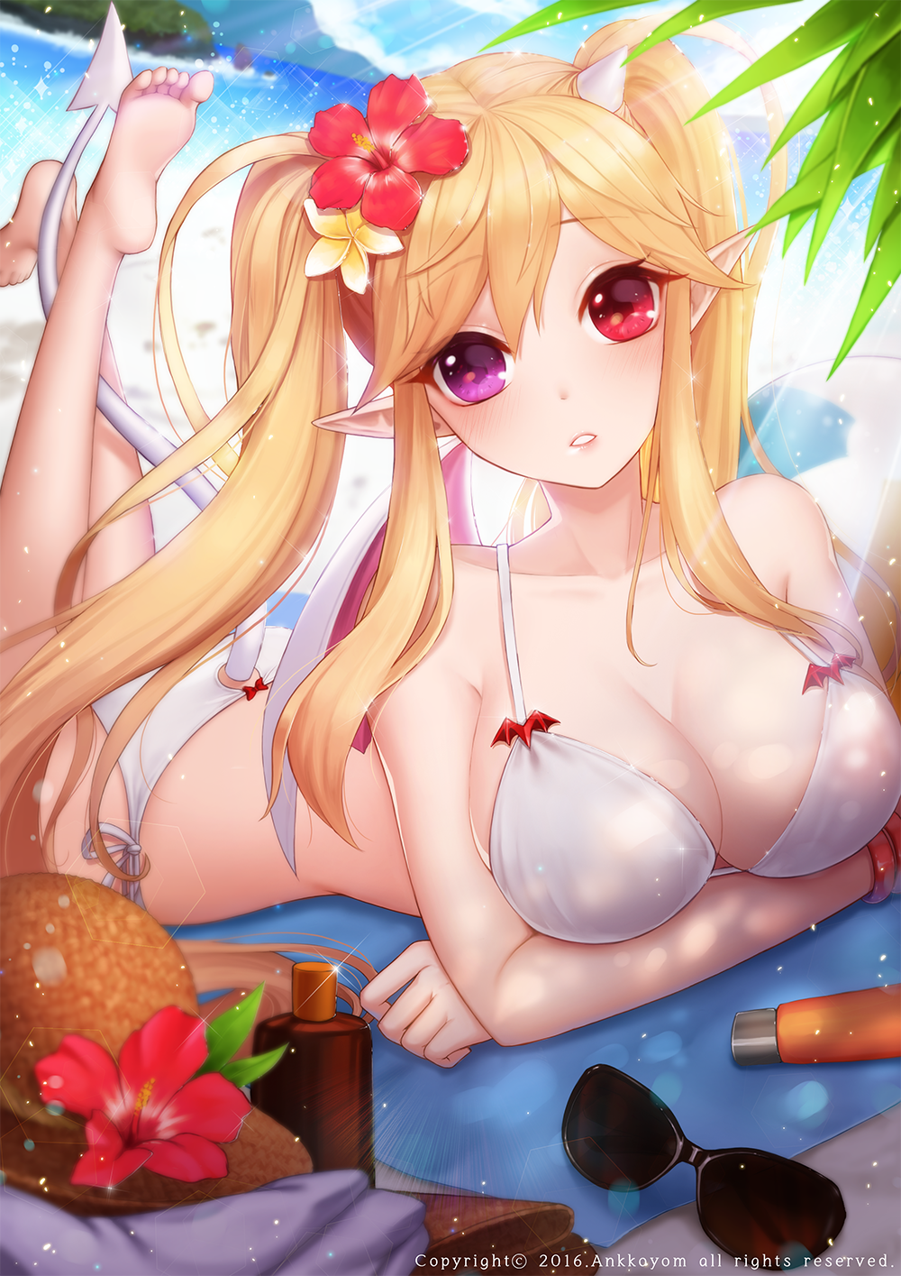 1girl 2016 ango artist_name bangs barefoot beach bikini blue_sky blush bottle bow bracelet breasts cleavage dappled_sunlight demon_tail demon_wings eyebrows eyebrows_visible_through_hair eyelashes feet flower hair_between_eyes hat hat_flower head_tilt heterochromia hibiscus highres horn jewelry large_breasts lens_flare long_hair looking_at_viewer lotion lying ocean on_stomach original outdoors parted_lips plumeria pointy_ears red_bow red_eyes red_flower sand side-tie_bikini sky soles solo sparkle straw_hat summer sunglasses sunglasses_removed sunlight swimsuit tail tail_slit_clothes text tree twintails violet_eyes white_bikini white_flower white_wings wings
