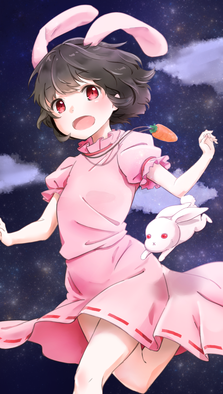 1girl animal_ears black_hair blush carrot dress extra_ears highres inaba_tewi jewelry looking_at_viewer necklace open_mouth pink_dress puffy_sleeves rabbit rabbit_ears red_eyes short_hair short_sleeves smile solo touhou upskirt usako_(ppp_usagi_)
