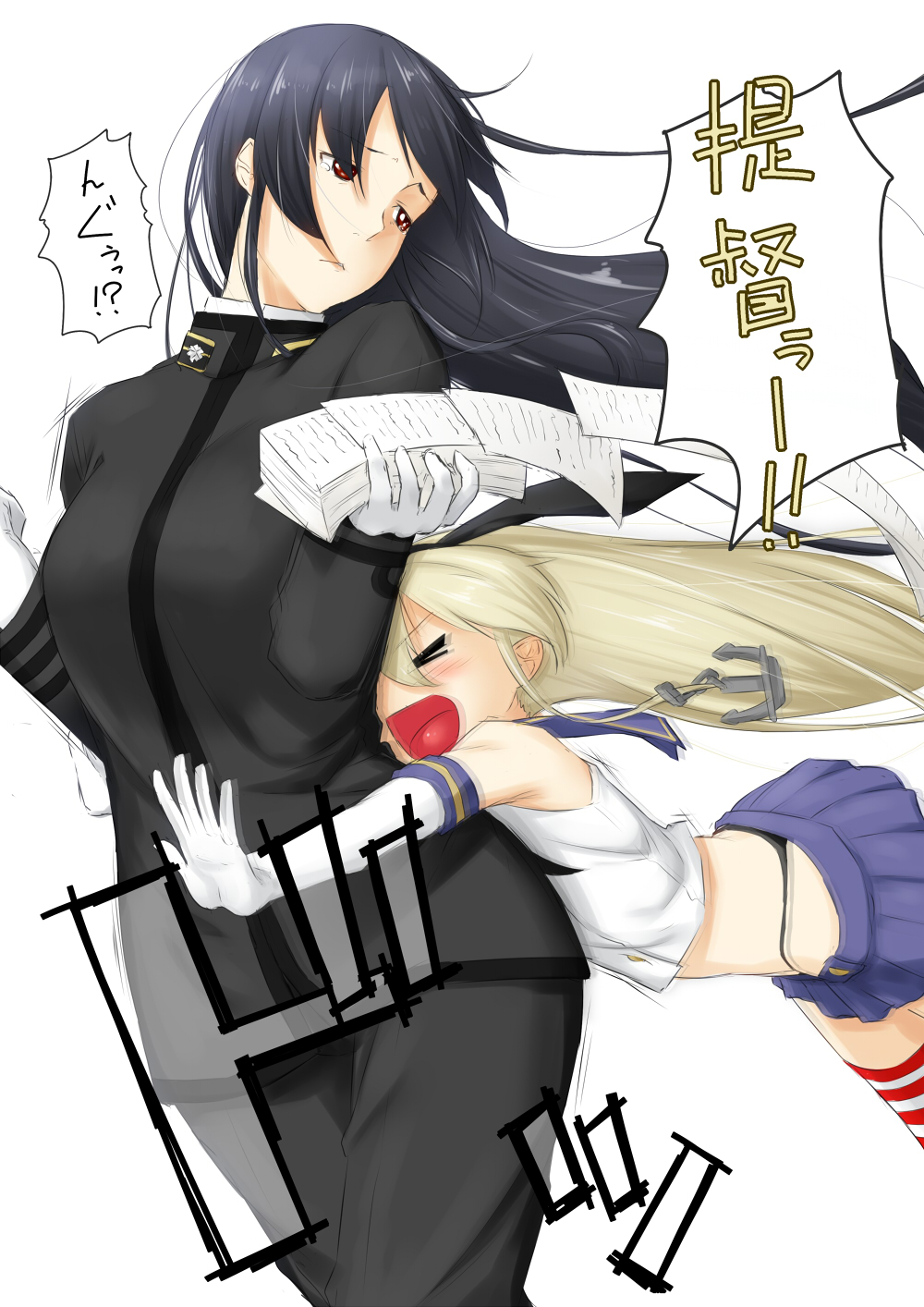 anchor animal_ears bangs black_hair blonde_hair brown_eyes closed_eyes commentary_request elbow_gloves female_admiral_(kantai_collection) glomp gloves highres hug kantai_collection long_hair midriff military military_uniform miniskirt niwatazumi open_mouth outstretched_arms papers rabbit_ears sailor_collar sailor_shirt shimakaze_(kantai_collection) shirt skirt sleeveless tackle tatebayashi_sakurako tearing_up thigh-highs translation_request uniform