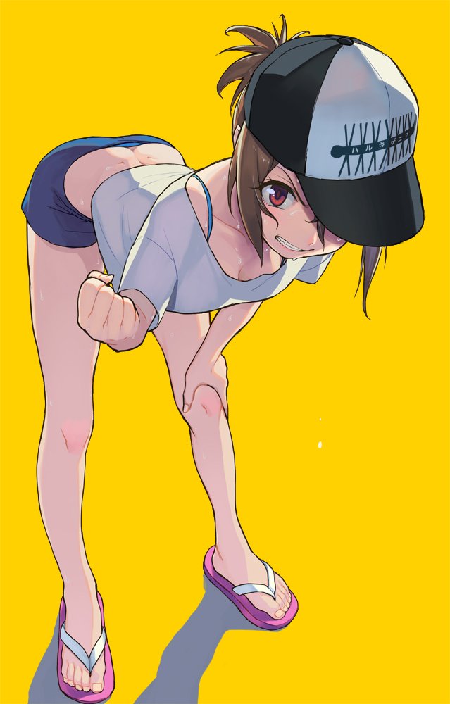 1girl ass bare_legs bent_over body_blush breasts brown_hair cleavage clenched_hand dimples_of_venus dripping flip-flops full_body grin hand_on_own_knee hat looking_at_viewer one_eye_covered original sandals short_hair short_shorts shorts simple_background smile solo sweat sweating violet_eyes washi_no_tosaka yellow_background
