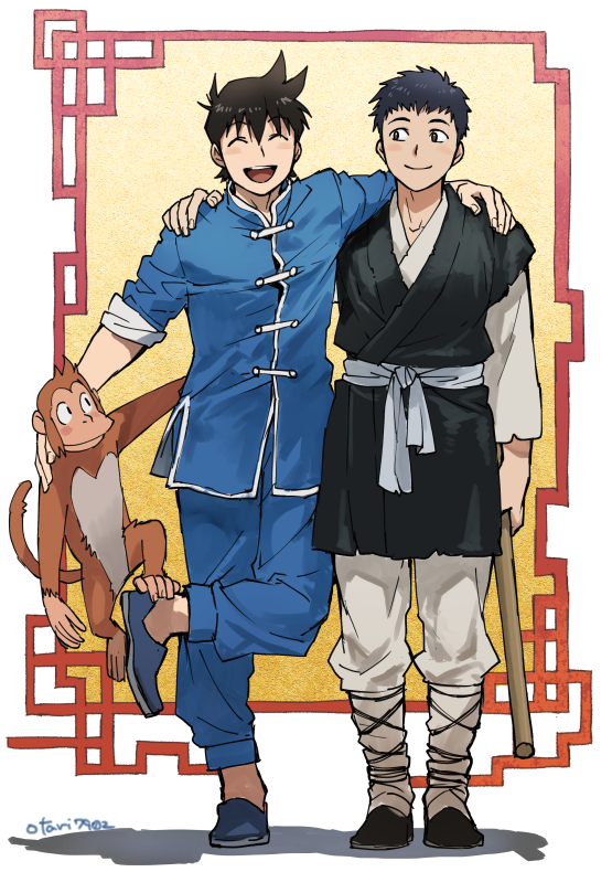 2boys ^_^ arm_around_neck black_hair blue_pants blue_shirt blush_stickers chinese_clothes chinmi closed_eyes goku_(tekken_chinmi) hand_on_another's_shoulder indesign monkey multiple_boys no_socks one_leg_raised pants shifan_(tekken_chinmi) shirt short_hair sleeves_rolled_up smile staff tangzhuang tekken_chinmi