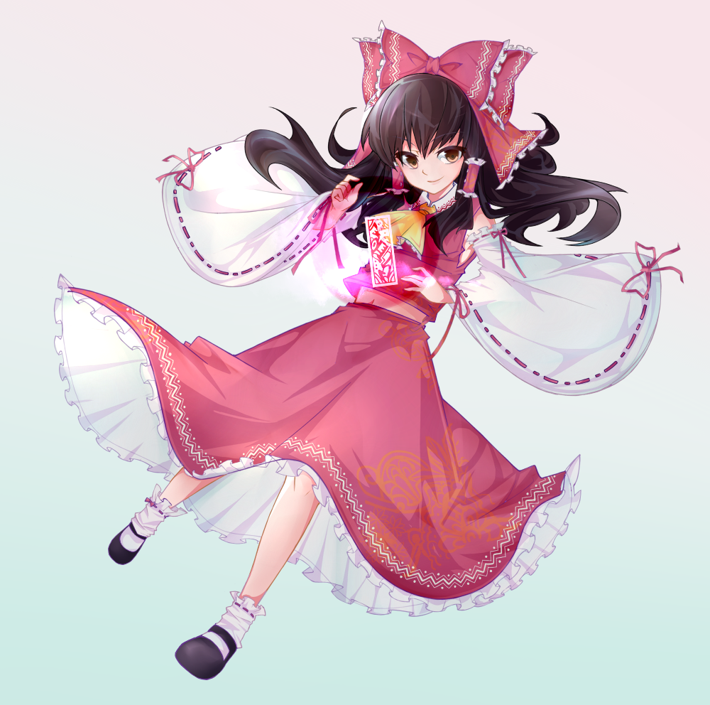 1girl ascot black_hair black_shoes blue_background bow brown_eyes detached_sleeves dutch_angle frilled_skirt frills full_body gradient gradient_background hair_bow hair_tubes hakurei_reimu long_hair looking_at_viewer mary_janes midriff navel ofuda pikkumyy red_bow ribbon-trimmed_legwear ribbon-trimmed_sleeves ribbon_trim see-through shoes skirt skirt_set smile solo touhou white_background white_legwear wide_sleeves