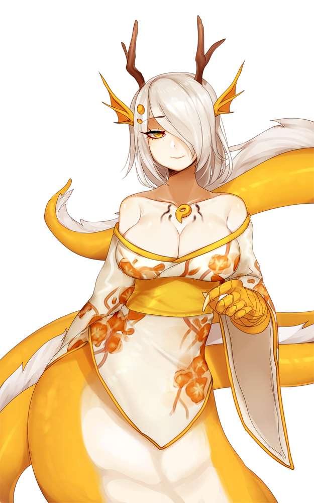 1girl alternate_color artist_request bare_shoulders breasts cleavage dragon dragon_horns eastern_dragon grey_hair hair_over_one_eye head_fins horns japanese_clothes kimono lamia large_breasts looking_at_viewer magatama monster_girl monster_girl_encyclopedia obi off_shoulder paws ryuu_(monster_girl_encyclopedia) sash scales short_hair simple_background smile solo white_background wide_sleeves yellow_eyes