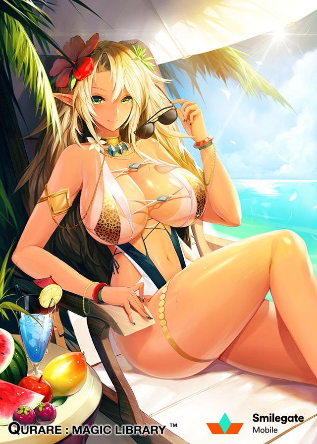 1girl apple armlet bare_shoulders beach bikini_tan blonde_hair blue_nails blue_sky bracelet breasts choker cleavage clouds commentary_request copyright_name cup curvy drink drinking_glass flower food fruit green_eyes hair_flower hair_ornament horizon jewelry knee_up large_breasts long_hair looking_at_viewer nail_polish navel outdoors palm_tree pointy_ears qurare_magic_library removing_glasses sitting sky smile snowball22 solo sunglasses sunlight swimsuit tan tanline thick_thighs thigh_strap thighs tree umbrella under_boob water watermelon wristband