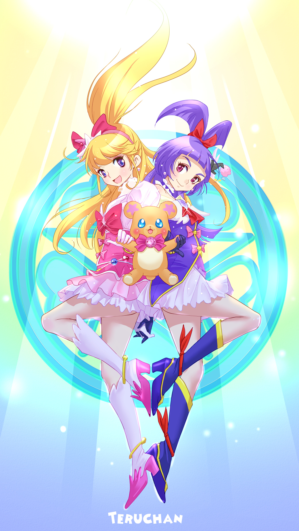 2girls :d asahina_mirai bear black_boots black_gloves black_hat blonde_hair boots bow creature cure_magical cure_miracle earrings full_body gloves hair_bow hat highres holding_hands izayoi_liko jewelry knee_boots long_hair looking_at_viewer magical_girl mahou_girls_precure! mini_hat mini_witch_hat mofurun_(mahou_girls_precure!) multiple_girls open_mouth pink_bow pink_hat pink_skirt ponytail precure red_bow skirt smile teruchan violet_eyes white_boots white_gloves white_skirt witch_hat