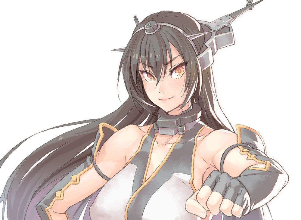 1girl and bangs black_gloves black_hair breasts brown_hair clenched_hand closed_mouth collarbone detached_sleeves eyebrows eyebrows_visible_through_hair eyelashes fingerless_gloves gloves hair_between_eyes headgear kantai_collection large_breasts long_hair looking_at_viewer nagato_(kantai_collection) orange_eyes pink_lips simple_background smile solo upper_body white_background