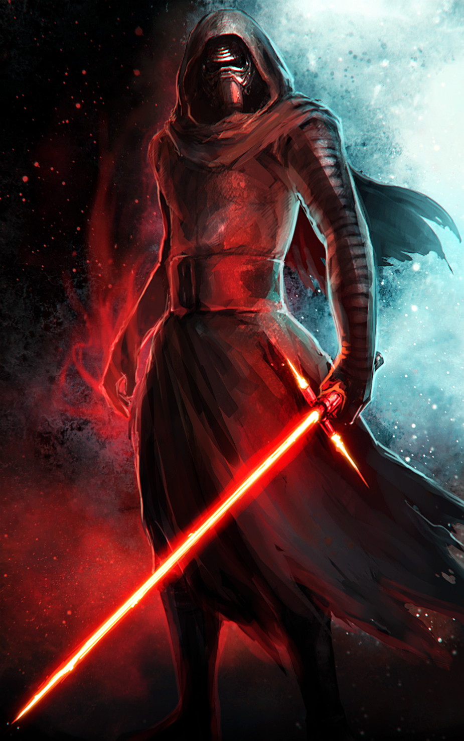 1boy cape energy_sword glowing glowing_weapon helmet highres hood kylo_ren lazur_(piccsh) lightsaber mask md5_mismatch science_fiction sith solo star_wars star_wars:_the_force_awakens sword weapon