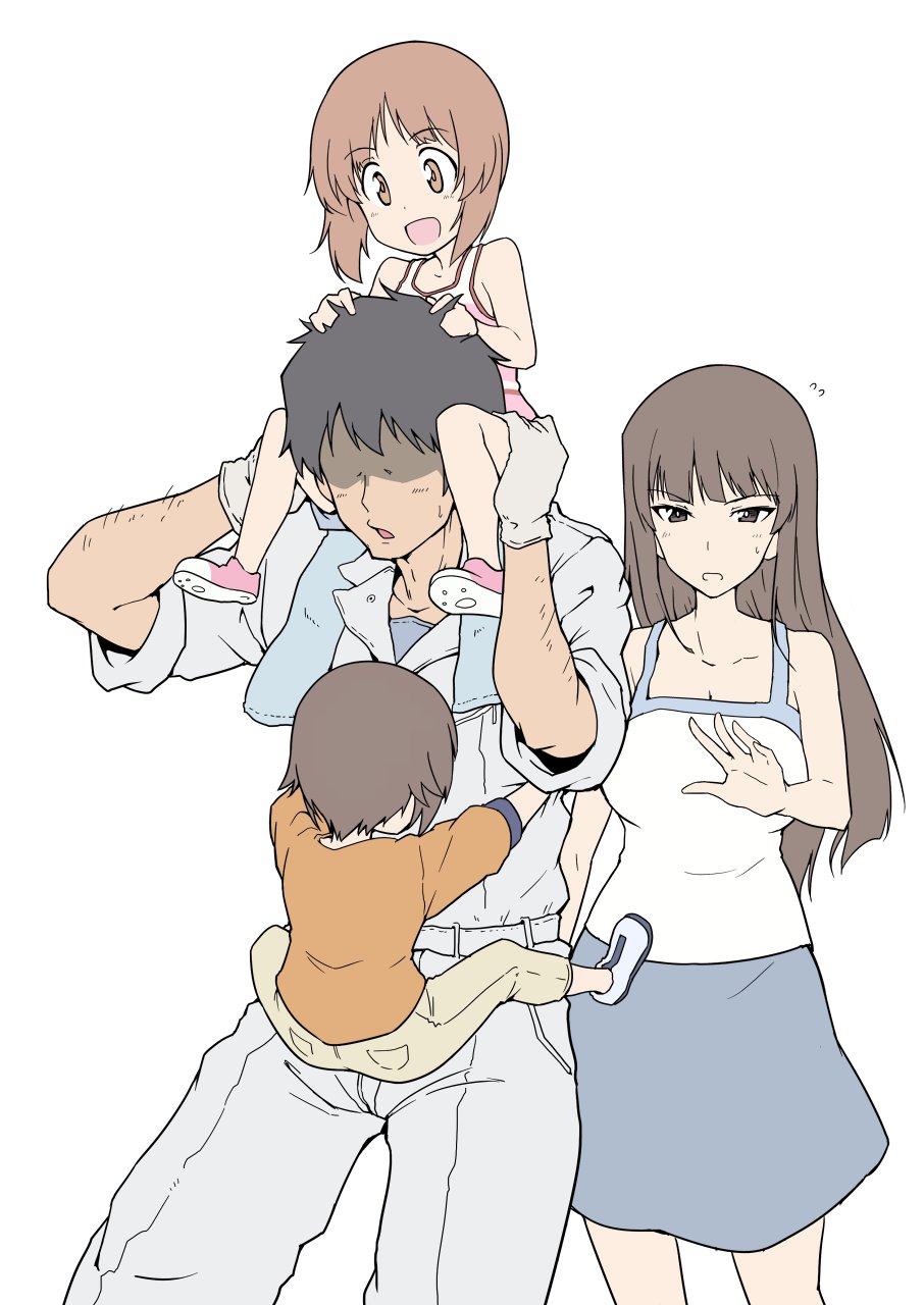 1boy 3girls arm_hair black_hair brown_eyes brown_hair capri_pants carrying casual faceless faceless_male family girls_und_panzer gloves hand_up happy harukon_(halcon) highres hug jumpsuit long_hair multiple_girls nishizumi_maho nishizumi_miho nishizumi_shiho no_eyes pants short_hair shoulder_carry siblings simple_background sisters skirt sleeves_rolled_up smile surprised sweatdrop tan tank_top towel waist_hug white_background white_gloves younger