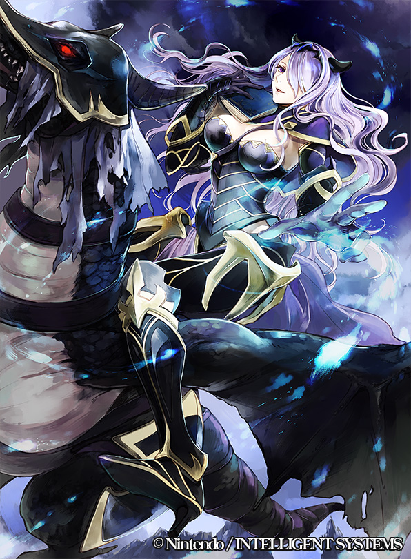 1girl armor book breasts camilla_(fire_emblem_if) cleavage company_name dragon fire_emblem fire_emblem_cipher fire_emblem_if gauntlets gloves hair_over_one_eye large_breasts long_hair official_art open_mouth purple_hair red_eyes solo violet_eyes wadadot_lv wavy_hair