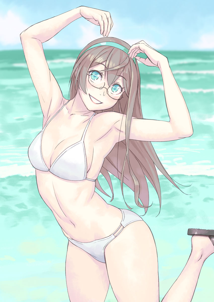 1girl :d alternate_costume and aqua_eyes armpits arms_up bangs bare_shoulders beach bikini blue_sky blurry breasts brown_hair clouds collarbone depth_of_field eyebrows eyebrows_visible_through_hair flip-flops glasses grin hair_between_eyes hairband head_tilt heart_arms highres kantai_collection leg_up long_hair looking_at_viewer multi-strapped_bikini navel ocean one_leg_raised ooyodo_(kantai_collection) open_mouth outdoors pink_lips sandals semi-rimless_glasses sideboob sky smile solo stomach string_bikini swimsuit under-rim_glasses water waves white_bikini