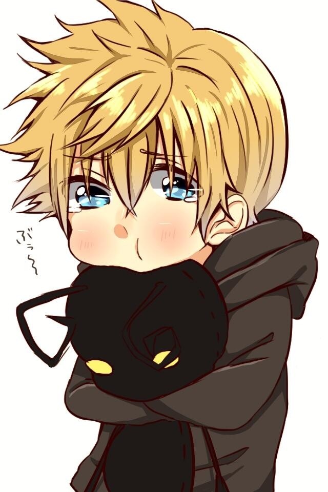 1boy artist_request black_coat blonde_hair blue_eyes blush character_doll chibi crying heartless kingdom_hearts male_focus object_hug pout roxas shadow_(kingdom_hearts) solo tears translation_request