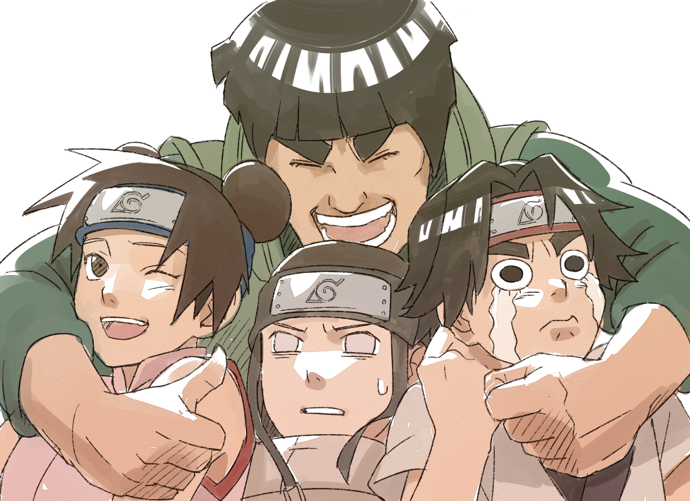 1girl 3boys black_hair brown_eyes closed_eyes crying crying_with_eyes_open double_bun eyebrows headband hug hug_from_behind hyuuga_neji might_guy multiple_boys naruto one_eye_closed open_mouth parted_lips rock_lee sweatdrop tears tenten white_background