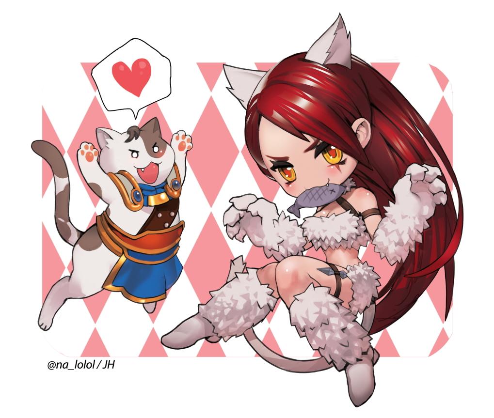 &gt;:3 1boy 1girl :3 animal_ears bikini blush boots breasts cat cat_ears cat_tail choker claws cleavage commentary_request elbow_gloves fang fish fish_in_mouth fur fur_trim garen_crownguard gloves katarina_du_couteau league_of_legends nabicarol_(na_lolol) redhead scar scar_across_eye swimsuit tail thigh_strap twitter_username yellow_eyes