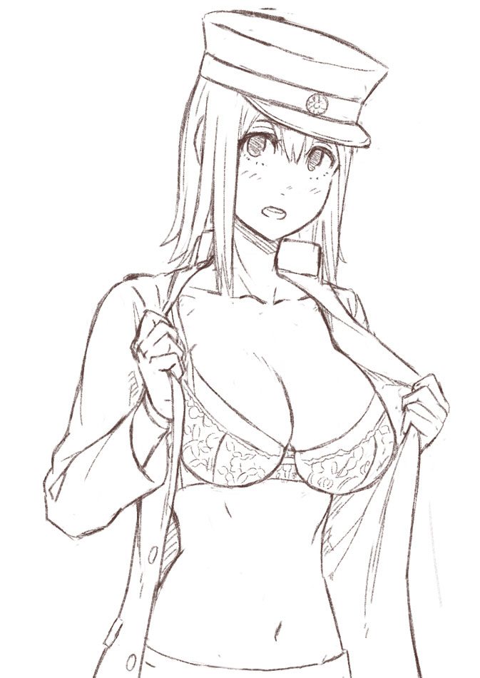 1girl akitsu_maru_(kantai_collection) and blush bra breasts cleavage gloves hat kantai_collection large_breasts monochrome open_clothes open_mouth open_shirt peaked_cap shirt short_hair sketch solo underwear