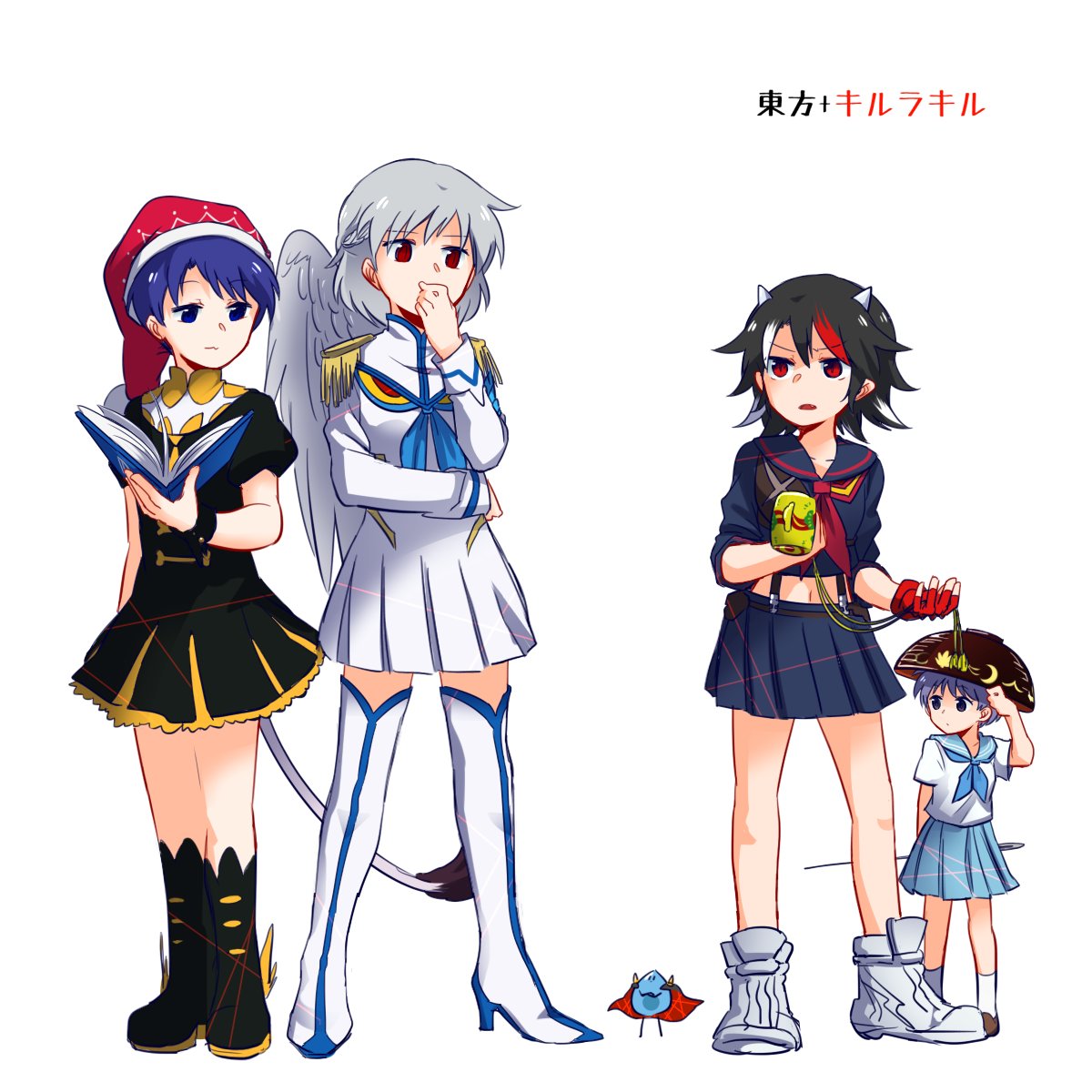 4girls :3 artist_self-insert blue_eyes blue_hair book boots bowl bowl_hat cosplay covering_mouth doremy_sweet dress gloves hat high_heel_boots high_heels highres horns jakuzure_nonon jakuzure_nonon_(cosplay) junketsu kijin_seija kill_la_kill kiryuuin_satsuki kiryuuin_satsuki_(cosplay) kishin_sagume mankanshoku_mako mankanshoku_mako_(cosplay) matoi_ryuuko matoi_ryuuko_(cosplay) miracle_mallet multicolored_hair multiple_girls navel nightcap purple_hair red_eyes school_uniform senketsu serafuku short_hair silver_hair sisikuku slit_pupils socks streaked_hair sukuna_shinmyoumaru thigh-highs thigh_boots touhou very_short_hair wrist_cuffs