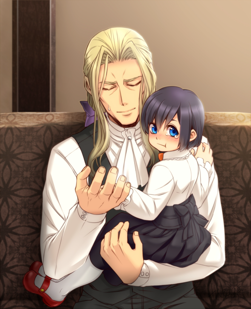 1boy 1girl :t banana_gyuunyuu black_hair blonde_hair blue_eyes blush bow child closed_eyes commentary_request hair_bow hair_ribbon kingdom_hearts kingdom_hearts_358/2_days long_hair looking_at_viewer pantyhose ribbon short_hair sitting size_difference skirt sweatdrop tears vest vexen xion_(kingdom_hearts) younger