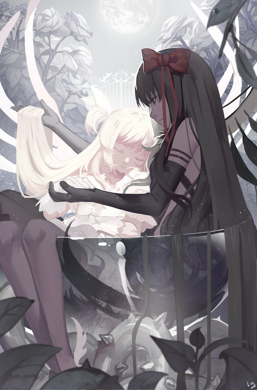 2girls akemi_homura akuma_homura artist_name bangs black_dress black_gloves black_hair black_wings blurry bow closed_eyes closed_mouth cup depth_of_field dew_drop dress drinking_glass earth eyelashes feathered_wings flower fur_trim gate glass gloves goddess_madoka hair_bow highres holding_another's_hair holding_hands in_container kaname_madoka leaf leaning_on_person leaning_to_the_side light_frown light_particles light_smile long_hair magical_girl mahou_shoujo_madoka_magica mahou_shoujo_madoka_magica_movie minigirl multiple_girls nanaya_(daaijianglin) oversized_object pantyhose plant profile red_bow rose signature sitting sitting_on_lap sitting_on_person spoilers thorns transparent two_side_up vines water_drop white_dress white_flower white_gloves white_hair white_rose white_wings wings yuri