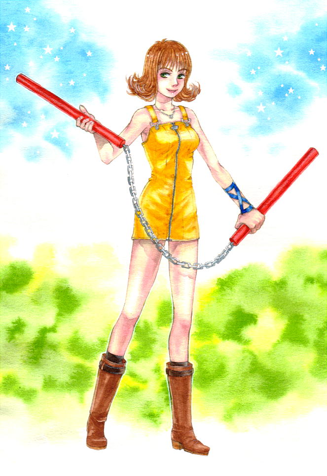 1girl boots breasts brown_hair final_fantasy final_fantasy_viii flipped_hair green_eyes kikimimi_612 nunchaku selphie_tilmitt short_hair skirt smile solo weapon yellow_skirt