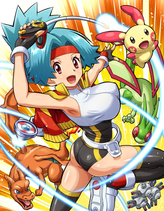 1girl armpits ass belt blue_hair breasts capture_styler charizard fingerless_gloves flygon gloves headband hinata_(pokemon) jacket_on_shoulders magneton plusle pokemoa pokemon pokemon_(creature) pokemon_ranger red_eyes skin_tight solo thigh-highs