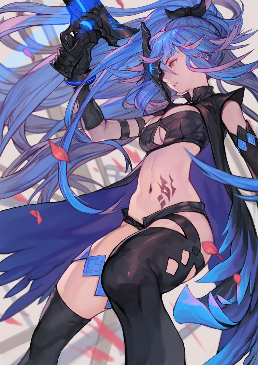 1girl argyle_cutout arm_belt black_bow black_gloves black_legwear black_shorts blue_hair blurry bow breasts cape cleavage_cutout depth_of_field eyelashes finger_on_trigger gloves glowing glowing_weapon gun hair_between_eyes hair_bow highres holding holding_gun holding_weapon jacket long_hair looking_away mask motion_blur multicolored_hair navel open_fly original parted_lips petals ponytail purple_hair racoona red_eyes shorts sleeveless solo stomach tattoo thigh-highs thigh_strap two-tone_hair very_long_hair weapon wrist_cuffs