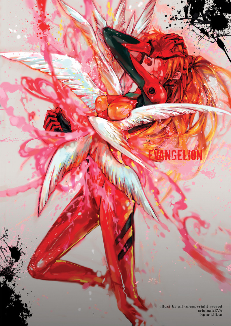 1girl arm_up armpits artist_name blood blood_on_face blood_splatter bodysuit bracer clenched_hand copyright_name covering covering_one_eye end_of_evangelion from_side gloves grey_background hair_ornament hand_on_own_face headgear leg_lift legs_apart long_hair mass_production_eva neon_genesis_evangelion one_leg_raised open_mouth orange_hair paint_splatter pilot_suit plugsuit skinny small_breasts solo souryuu_asuka_langley watermark web_address wings