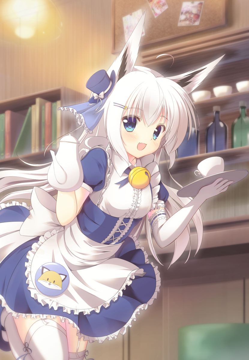 1girl ahoge animal_ears apron bell blue_eyes book bookshelf bottle bow cup fang fox_ears gloves hair_ornament hairclip hat highres holding indoors jingle_bell kitsune long_hair looking_at_viewer maid mini_hat mini_top_hat misaki_yuu_(dstyle) open_mouth original smile solo teapot thigh-highs top_hat white_gloves white_hair white_legwear