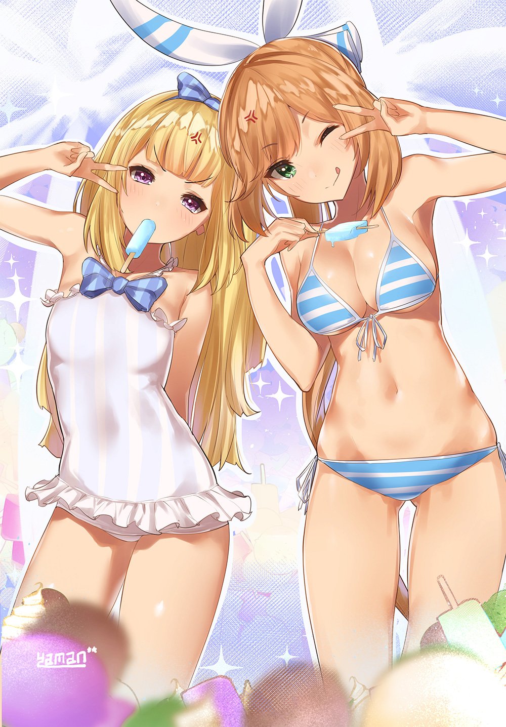 2girls ;q anger_vein ass_visible_through_thighs bikini blonde_hair bow breasts cagliostro_(granblue_fantasy) clarisse_(granblue_fantasy) cleavage contrapposto frilled_swimsuit frills front-tie_bikini front-tie_top granblue_fantasy green_eyes hair_bow highres light_brown_hair long_hair looking_at_viewer mouth_hold multiple_girls one_eye_closed ponytail popsicle side-tie_bikini smile striped striped_bikini striped_swimsuit swimsuit tongue tongue_out v violet_eyes yaman_(yamanta_lov)