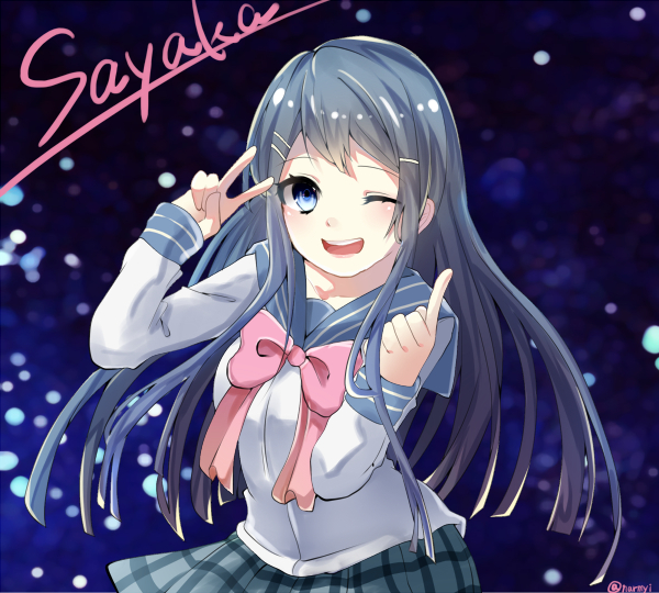 blue_eyes blue_hair blush dangan_ronpa long_hair maizono_sayaka seifuku skirt wink