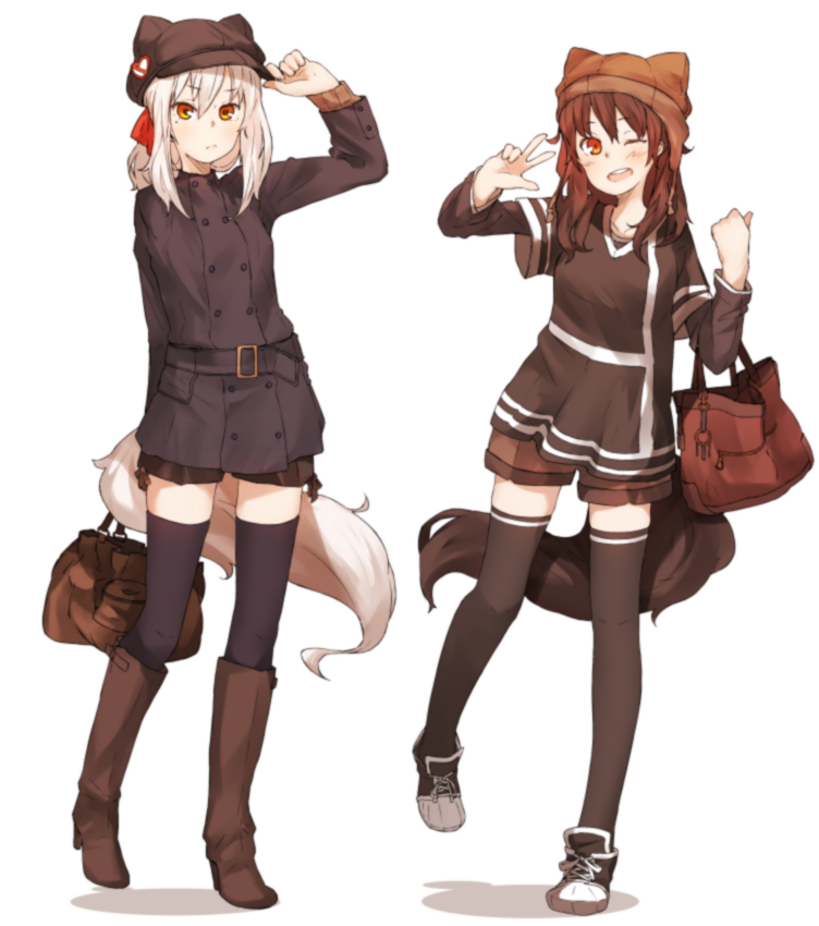 2girls amonitto animal_hat bag belt black_legwear blonde_hair boots brown_dress brown_eyes brown_hair cat_tail dress hat hat_with_ears long_hair long_sleeves looking_at_viewer multiple_girls one_eye_closed open_mouth original pillow_hat short_over_long_sleeves shorts_under_dress silver_hair smile standing_on_one_leg tail thigh-highs zettai_ryouiki