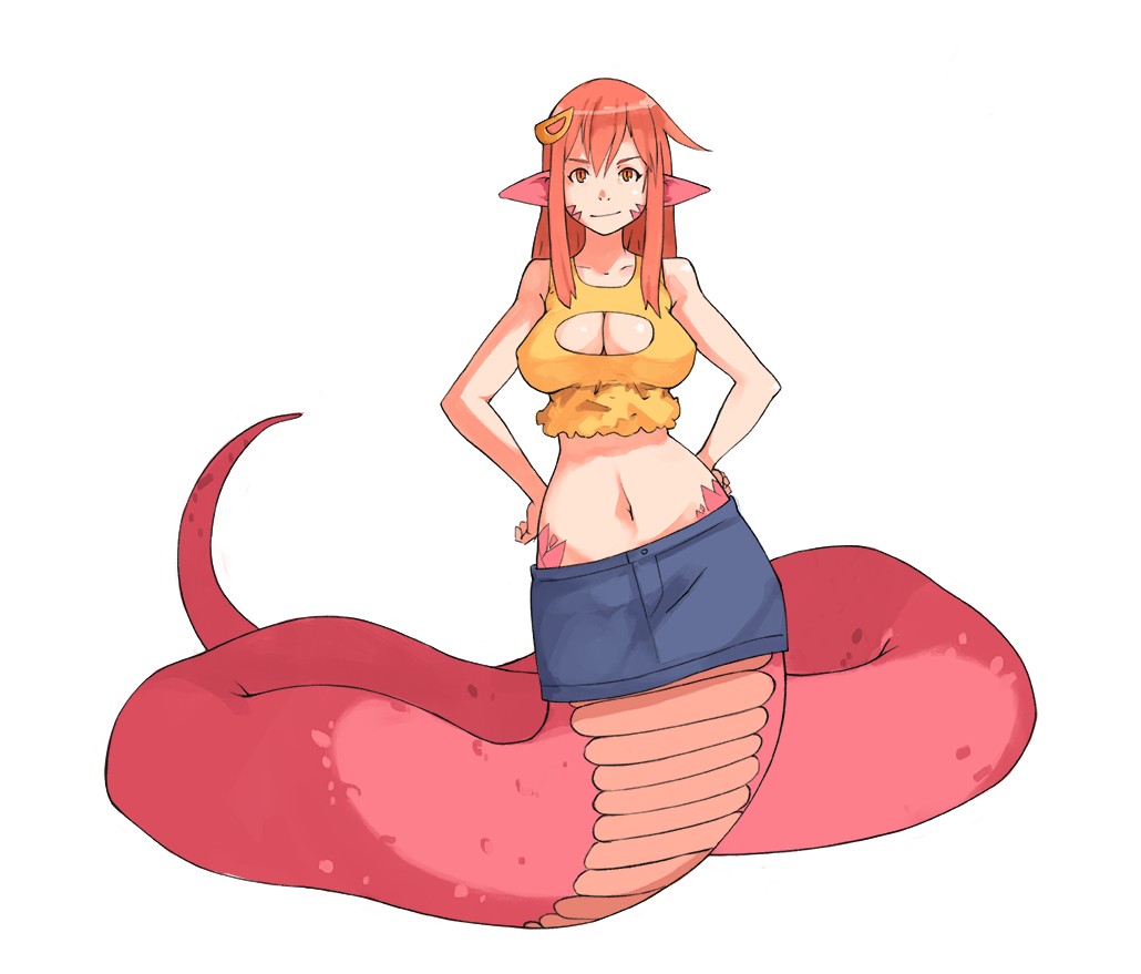 1girl breasts cleavage cleavage_cutout contrapposto fang hair_ornament hairclip hands_on_hips lamia large_breasts light_smile long_hair miia_(monster_musume) monster_girl monster_musume_no_iru_nichijou navel pencil_skirt pointy_ears redhead scales skirt slender_waist slit_pupils snake_tail solo vins-mousseux yellow_eyes