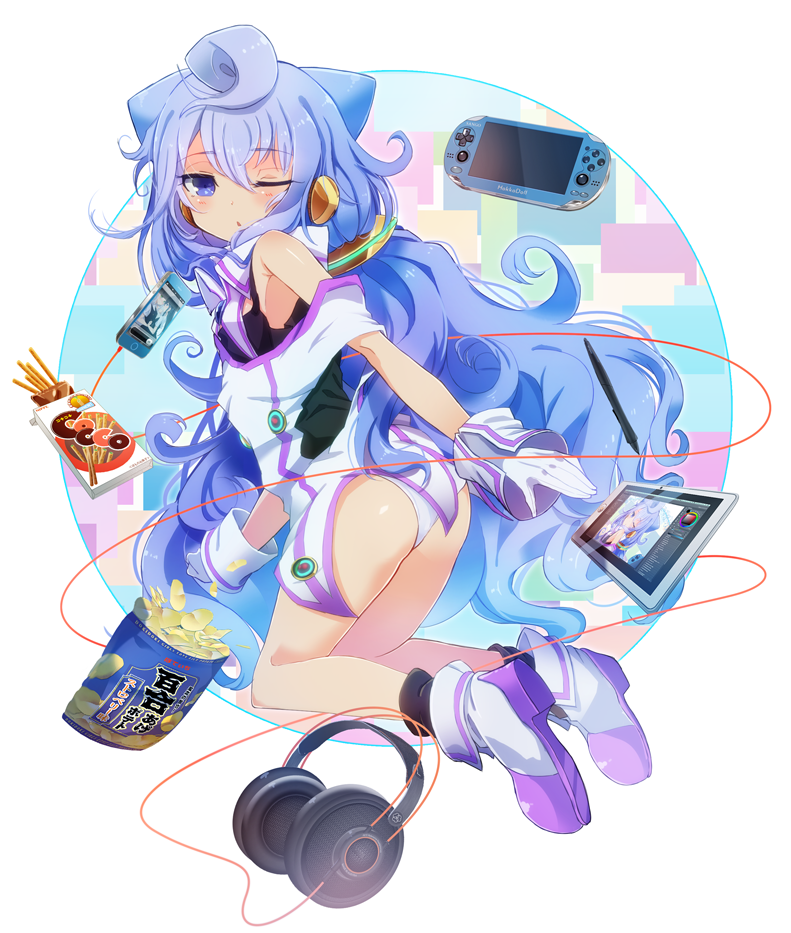 1boy akg ass bare_shoulders blue_eyes blue_hair blush boots food from_behind gloves hacka_doll hacka_doll_3 handheld_game_console headphones k701 long_hair looking_at_viewer looking_back one_eye_closed otoko_no_ko playstation_vita solo tablet white_gloves yudough