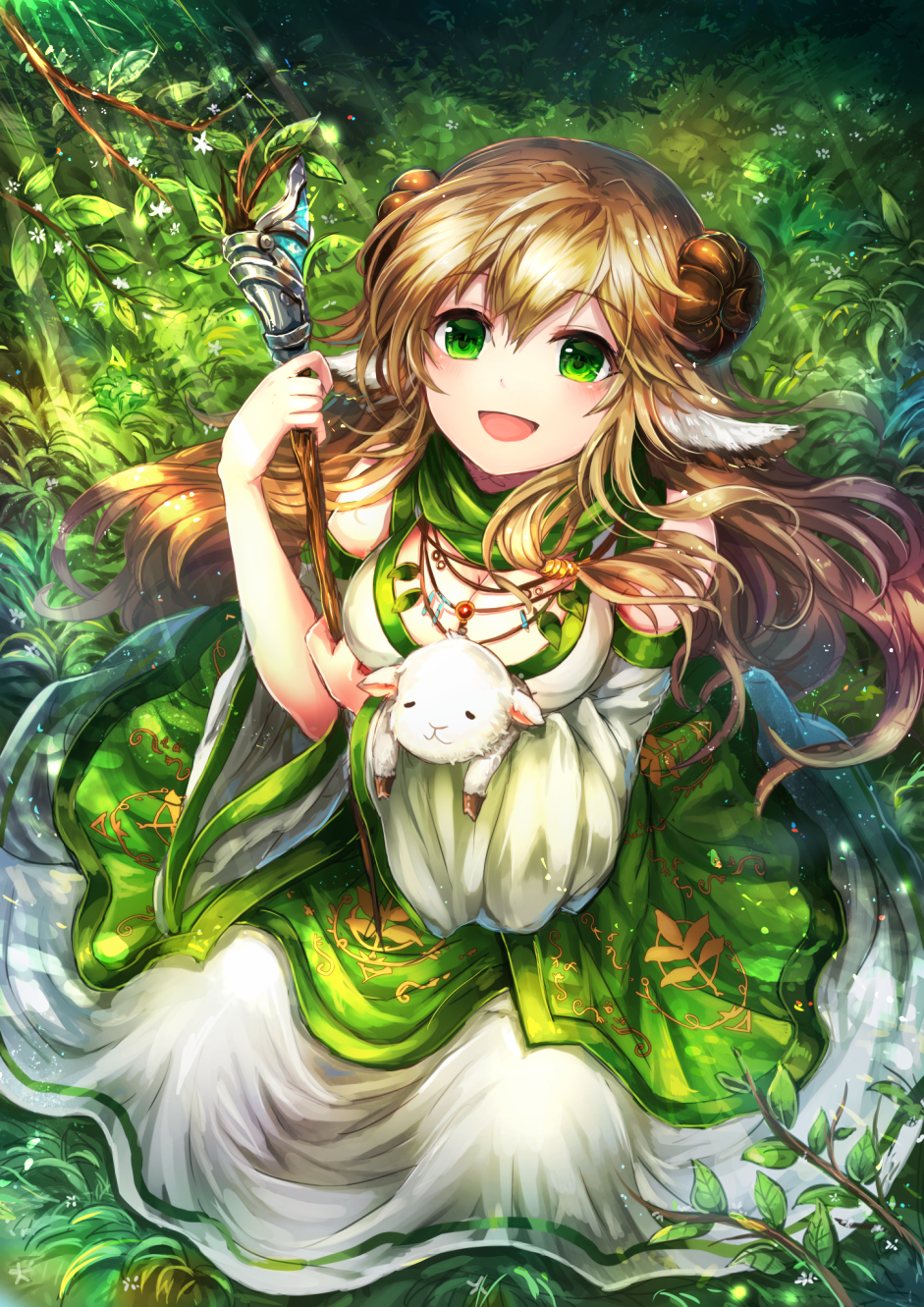 1girl :d animal animal_ears bangs blonde_hair blush branch breasts dress eyebrows eyebrows_visible_through_hair from_above grass green_eyes hair_between_eyes hair_ornament highres holding_animal holding_staff horns jewelry leaf long_hair long_sleeves looking_at_viewer nagi_(tartaros_online) nature necklace on_ground open_mouth rudia school_uniform sheep sheep_ears sheep_horns sitting smile solo staff sunlight tartaros_online white_flower wide_sleeves