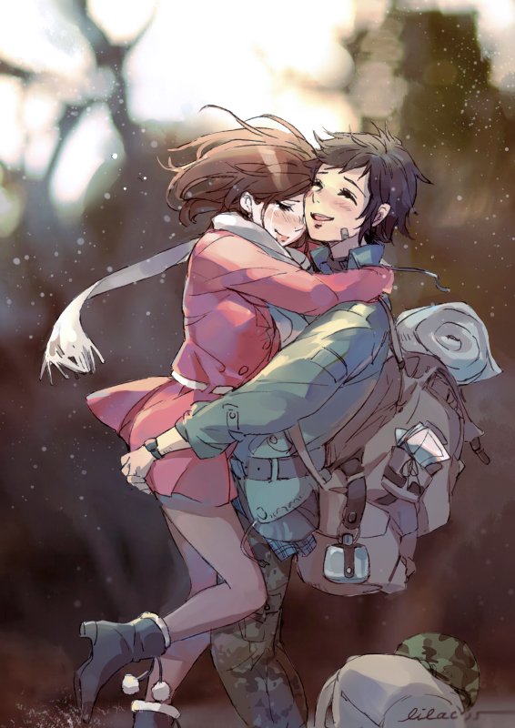 1boy 1girl artist_name backpack bag black_hair blurry blush boots brown_hair bunny_shake camouflage camouflage_helmet canteen christmas closed_eyes couple crying depth_of_field green_jacket happy headwear_removed helmet helmet_removed hug jacket long_hair military military_uniform pantyhose scarf short_hair signature smile soldier surprised uniform watch
