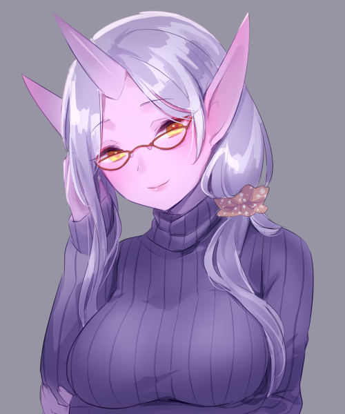 1girl adjusting_glasses artist_request bespectacled breast_hold breasts glasses head_tilt horn large_breasts league_of_legends long_hair looking_at_viewer pointy_ears purple_skin ribbed_sweater scrunchie silver_hair smile solo soraka source_request sweater yellow_eyes