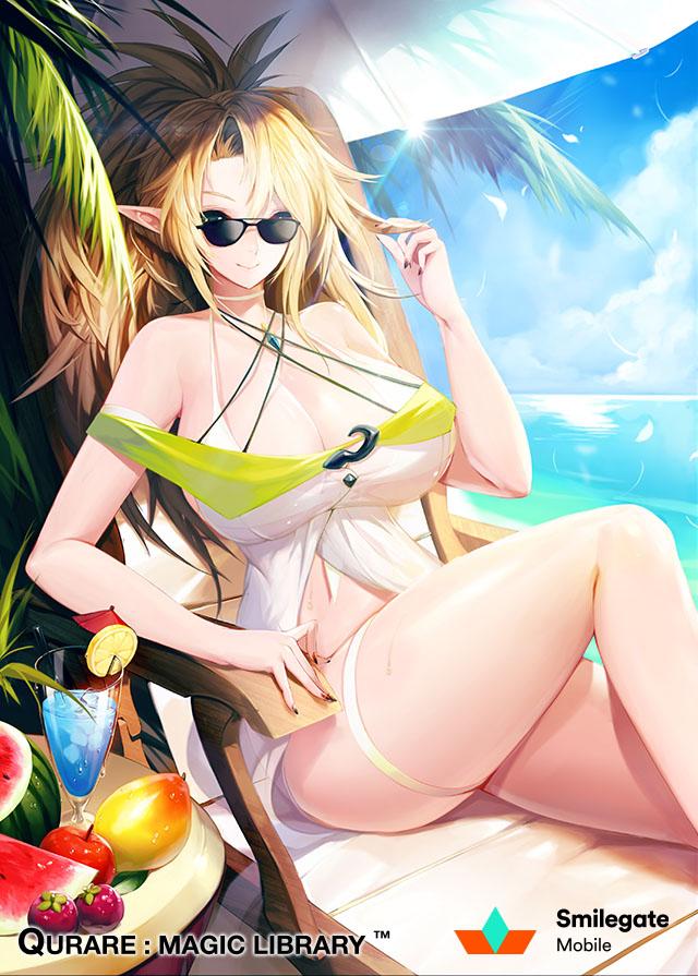 1girl apple bare_shoulders beach bikini black_nails blonde_hair breasts choker cleavage commentary_request copyright_name curvy drink flower food fruit green_eyes hair_flower hair_ornament jewelry knee_up large_breasts long_hair looking_at_viewer nail_polish navel necklace off_shoulder palm_tree pointy_ears ponytail qurare_magic_library sitting smile snowball22 solo sunglasses sunlight swimsuit thigh_strap tree umbrella watermelon white_bikini white_skin
