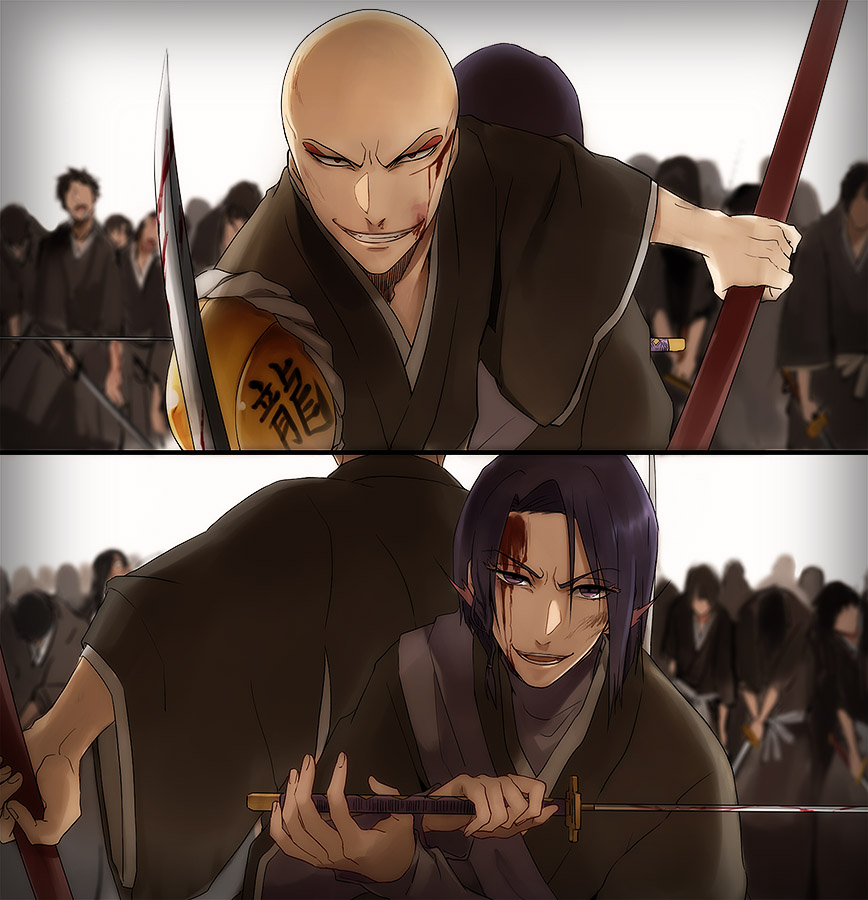 6+boys ayasegawa_yumichika back-to-back bald bleach blood blood_on_face bloody_weapon injury japanese_clothes katana madarame_ikkaku multiple_boys nuku purple_hair scabbard sheath shoulder_pads smirk split_screen sword violet_eyes weapon