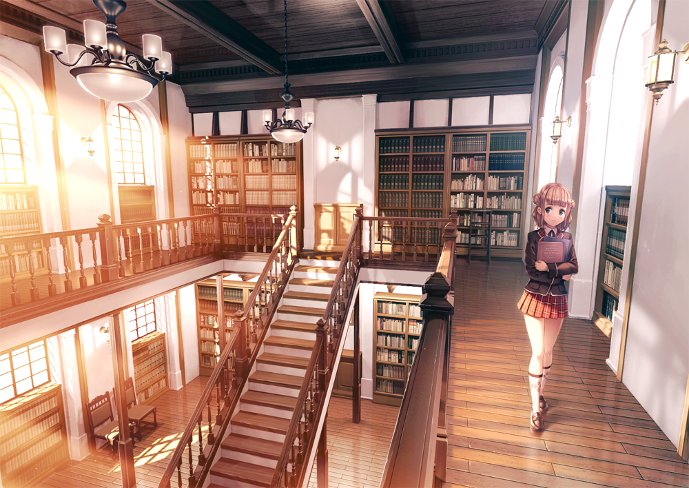 1girl argyle argyle_legwear bangs blazer blunt_bangs book book_hug bookshelf brown_hair ceiling ceiling_light chair chandelier collared_shirt double_bun holding holding_book indoors jacket kneehighs kurage_(kurakurapix) ladder library light_rays loafers long_sleeves looking_to_the_side miniskirt neck_ribbon original perspective plaid plaid_skirt pleated_skirt railing red_skirt ribbon running_bond scenery school_uniform shade shirt shoes skirt smile solo stairs sunbeam sunlight walking wall_lamp white_legwear white_shirt window window_shade wooden_floor