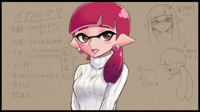 1girl adult alternate_hairstyle bangs blunt_bangs blush brown_eyes commentary_request directional_arrow domino_mask earrings female inkling jewelry looking_at_viewer mask open_mouth partially_translated pink_hair pointy_ears ponytail ribbed_sweater scrunchie solo splatoon sweater takobe tentacle_hair translation_request turtleneck