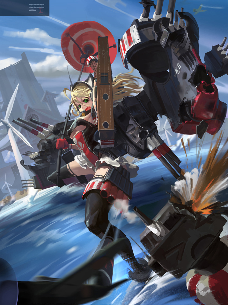 &gt;_&lt; 1girl animal_ears battle beltbra blonde_hair breasts cannon cat_ears character_request closed_eyes collar commentary_request damaged elbow_gloves explosion fang fishnets gloves green_eyes headset kantai_collection mashouno_morokoshi ocean original parasol skirt thigh-highs thigh_strap umbrella under_boob underboob_cutout windmill