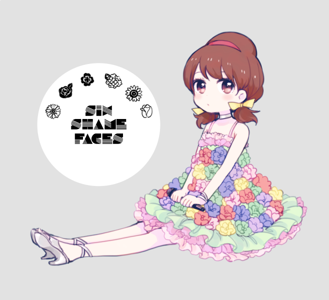 1girl :o bangs blue_flower blush bow bracelet brown_eyes brown_hair carnation choker closed_mouth clover dress flower four-leaf_clover frilled_dress frills full_body green_flower grey_background grey_shoes hair_bow hair_ribbon hairband high_heels holding_microphone jewelry kanitama_(putyourhead) lilac osomatsu-kun osomatsu-san pink_flower purple_flower red_flower ribbon rose shoes short_twintails simple_background sitting six_shame_faces sleeveless sleeveless_dress solo song_name sunflower tulip twintails v_arms yellow_bow yowai_totoko