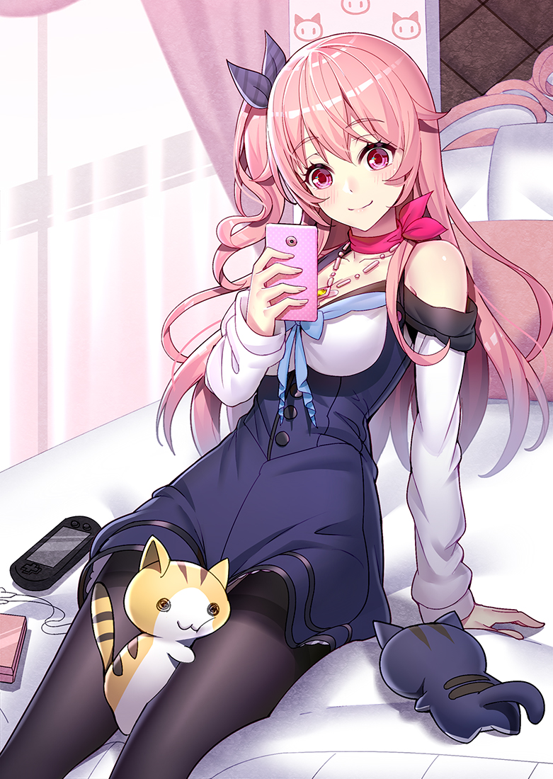 1girl :3 black_legwear blush breasts cellphone dress emily_(ririko) hair_ribbon handheld_game_console large_breasts long_hair one_side_up original pantyhose phone pink_eyes pink_hair playstation_portable ribbon ririko_(zhuoyandesailaer) side_ponytail smile solo stuffed_animal stuffed_cat stuffed_toy thighband_pantyhose