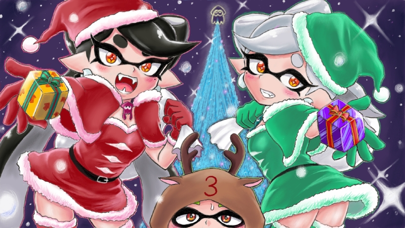 +_+ 3girls animal_costume aori_(splatoon) black_hair blush brown_eyes commentary domino_mask earrings fur_trim gift gloves hat hotaru_(splatoon) inkling jewelry long_hair looking_at_viewer looking_back mask multiple_girls open_mouth orange_eyes parted_lips pointy_ears reindeer_costume sack santa_costume santa_hat sharp_teeth smile snow sparkle splatoon squidbeak_splatoon sweatdrop takobe teeth tentacle_hair thigh-highs twintails white_hair zettai_ryouiki