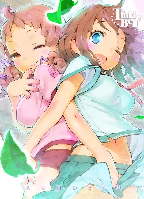 2girls artist_name back-to-back blue_eyes blush breasts brown_eyes brown_hair half-closed_eye impossible_clothes impossible_shirt leaf looking_at_viewer looking_back multiple_girls navel one_eye_closed open_mouth pleated_skirt shirt skirt smile tinkle_bell